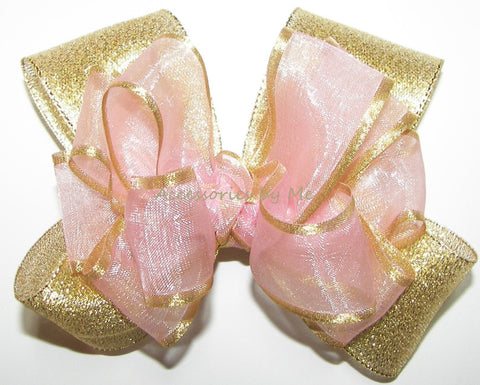 Blush Pink Gold Organza Satin Metallic Hair Bow