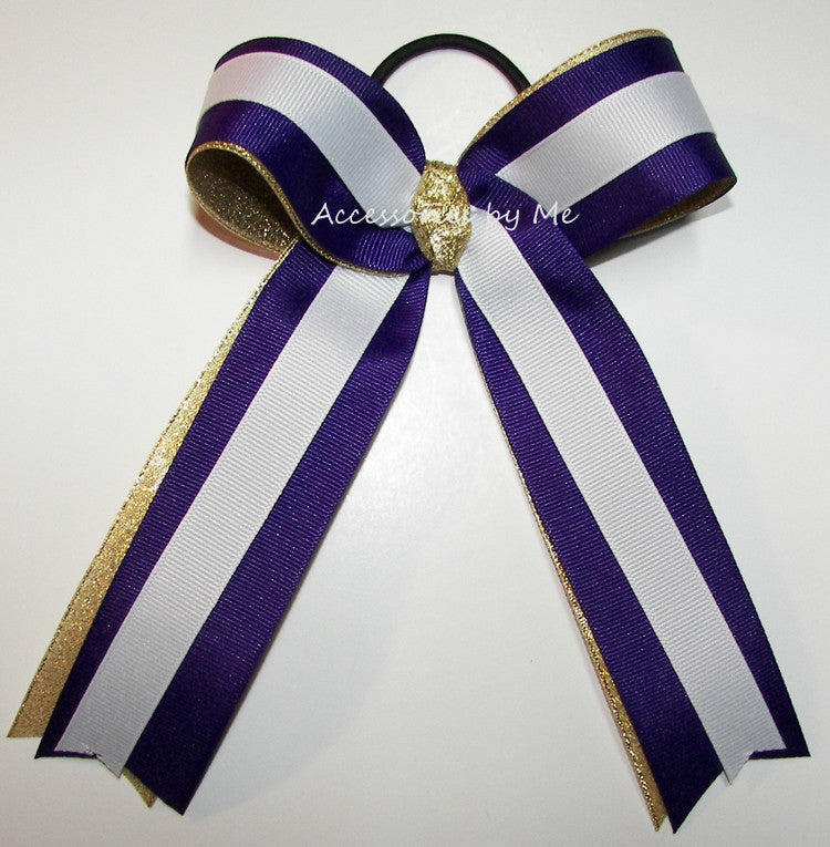 Purple Gold White Ponytail Holder Sports Bow - Accessories by Me
