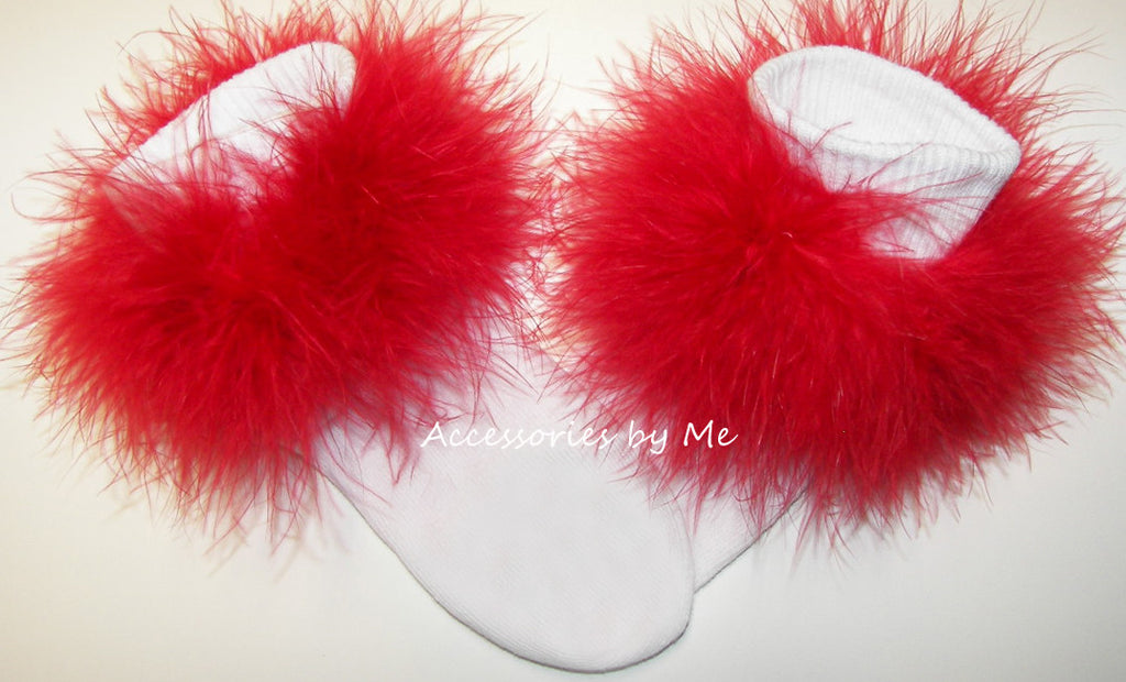 Red Marabou Feather Trim White Socks