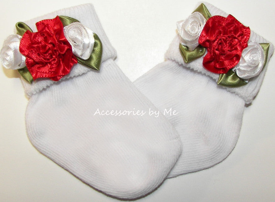 Red White Rose Flower Socks 