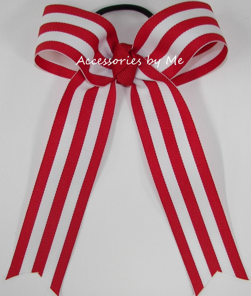 Red & White Stripes Grosgrain Ribbon Ponytail Bow