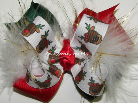 Christmas Red Nose Reindeer Marabou Hair Bow