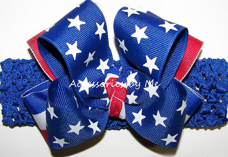 Patriotic Stars & Stripes Bow Crochet Headband - Accessories by Me
