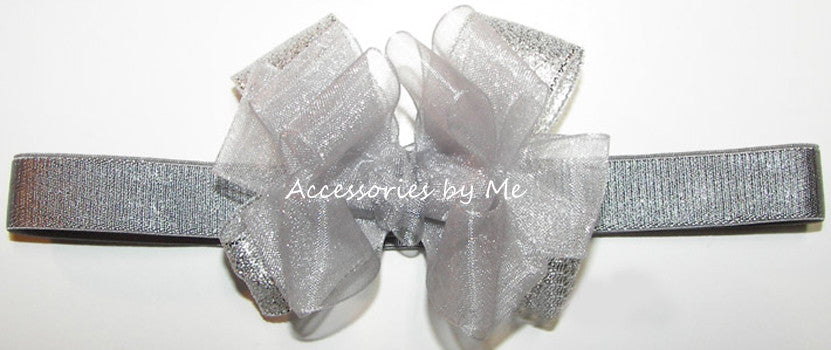 Infant Silver Gray Organza Metallic Bow Headband - Accessories by Me