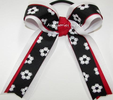 Soccer Black Red White Ponytail Bow