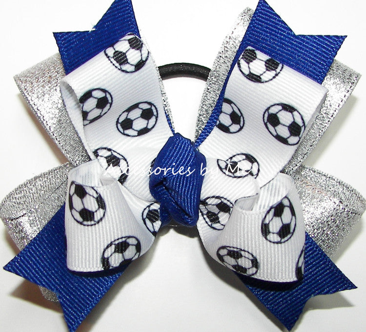Soccer Royal Blue Silver Hair Bow