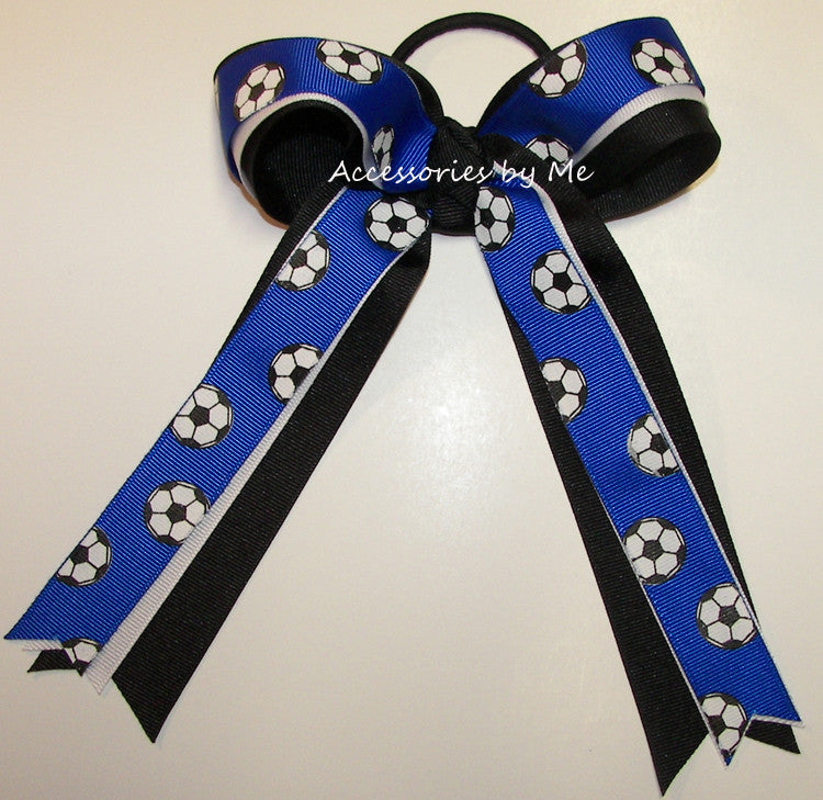 Soccer Blue White Ponytail Holder Bow - Accessories by Me