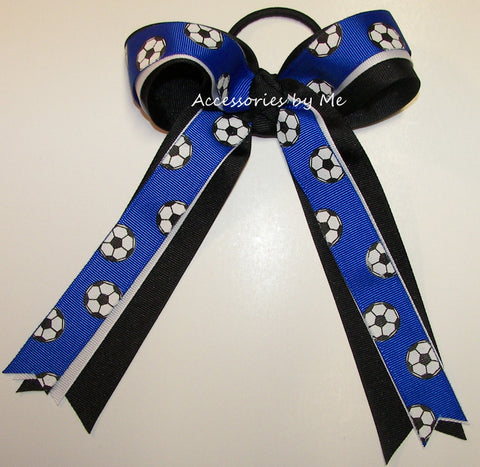 Soccer Blue White Ponytail Holder Bow