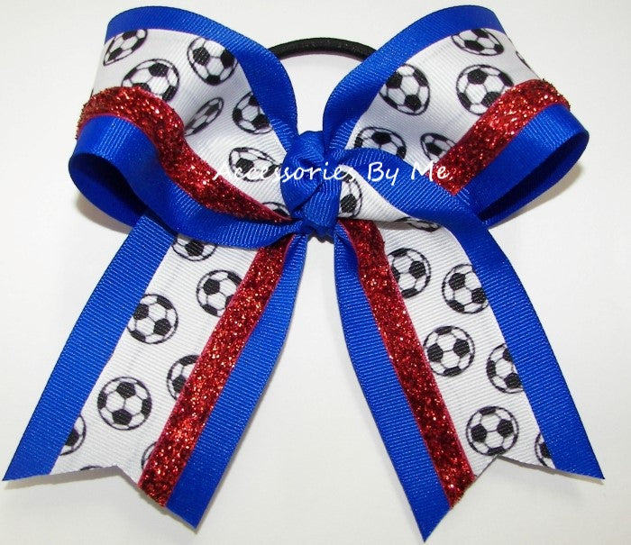 Soccer Electric Blue Red Glitter Big Cheer Bow