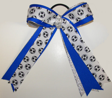Soccer Electric Blue Silver Ponytail Bow