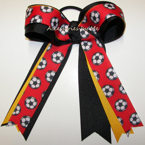 Soccer Red Black Ponytail Holder Bow