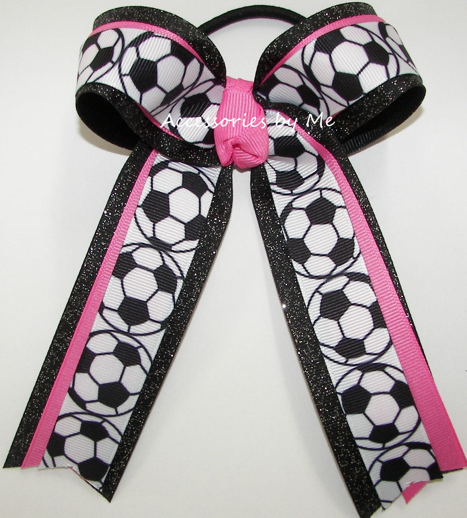 Soccer Hot Pink Black Glitter Ponytail Bow
