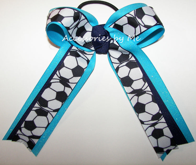 Soccer Navy Blue Turquoise Ponytail Bow