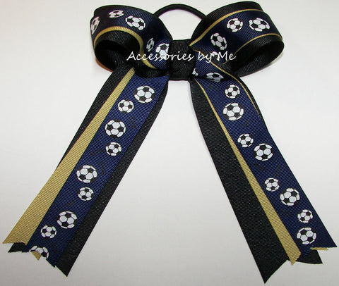 Soccer Navy Blue Gold Ponytail Holder Bow