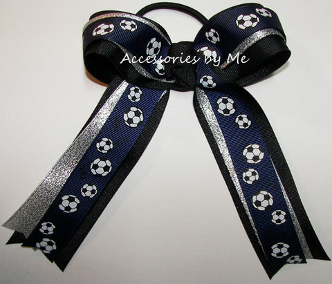 Soccer Navy Blue Silver Black Ponytail Bow