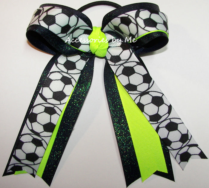 Soccer Neon Lime Navy Glitter Ponytail Bow