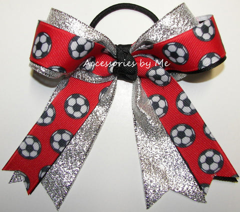 Soccer Red Black Silver Ponytail Holder Bow