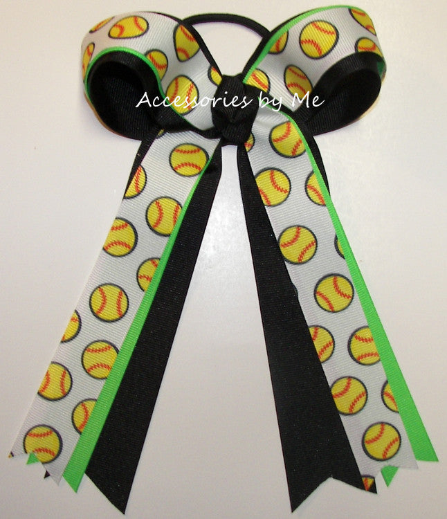 Softball Neon Green Black Ponytail Bow