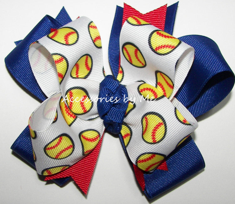 Softball Royal Blue Red No Tails Hair Bow