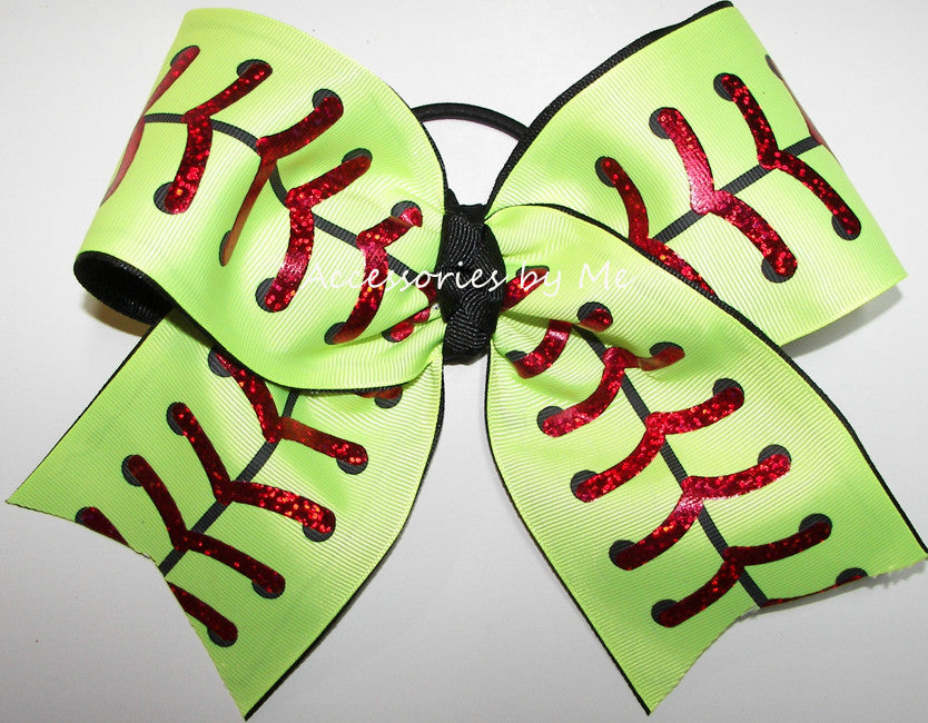 Softball Neon Yellow Red Foil Laces Big Cheer Bow