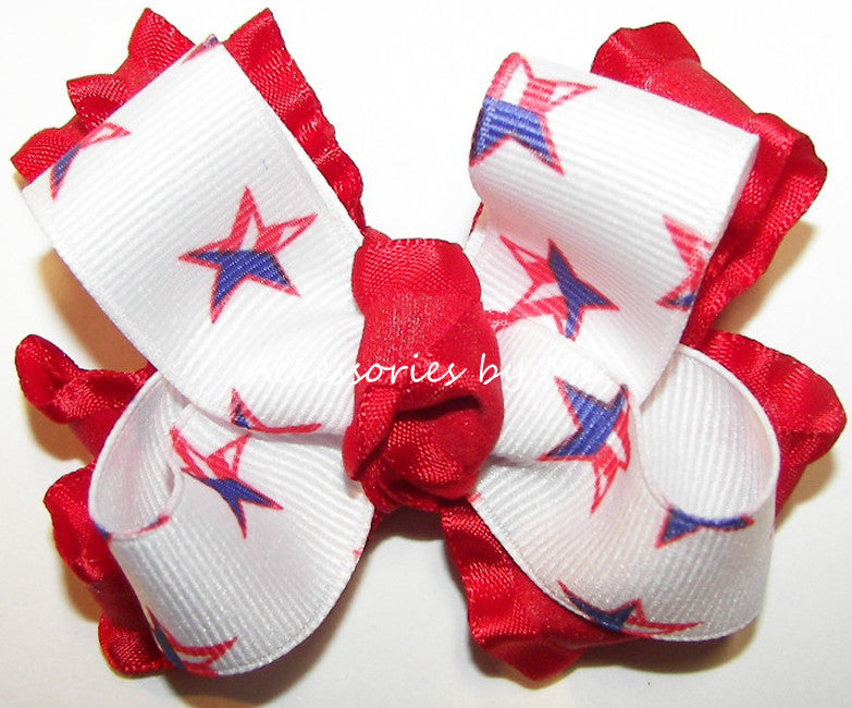 Patriotic USA Stars Red White Blue Ruffle Hair Bow 
