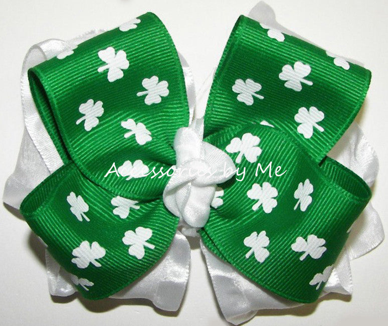 St. Patrick's Day Shamrock Green White Big Hair Bow