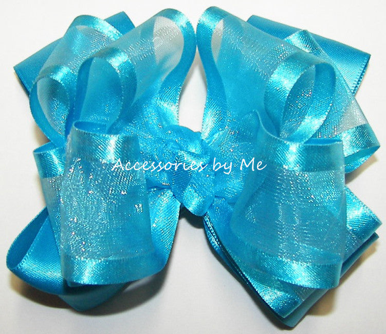 Fancy Turquoise Blue Organza Satin Trim Hair Bow - Accessories by Me