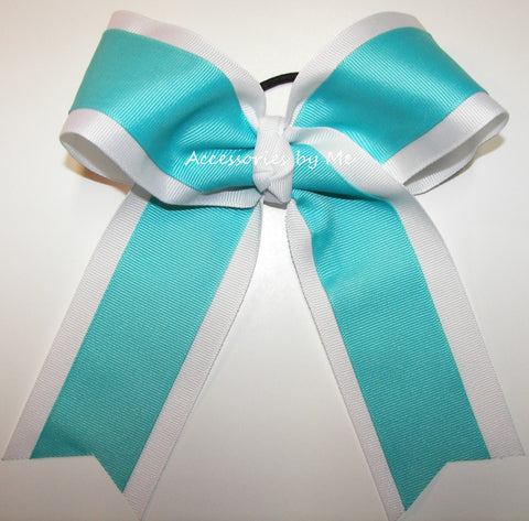 Turquoise White Ponytail Cheer Bow