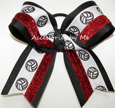 Volleyball Black Red Glitter Hair Bow