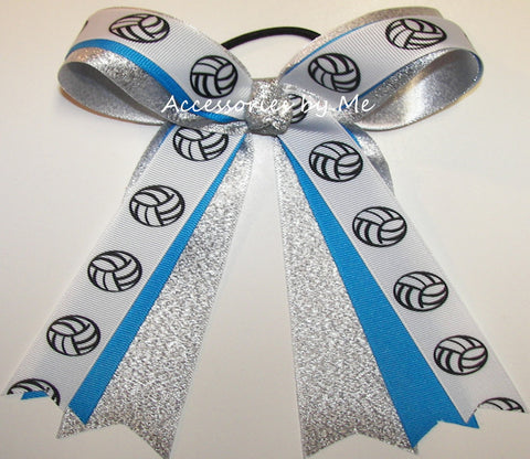 Volleyball Blue Silver Ponytail Holder Bow