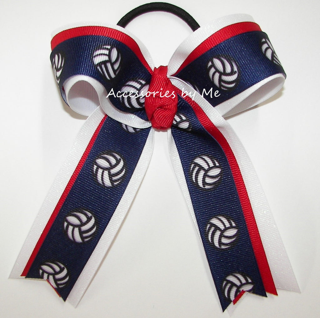 Volleyball Navy Blue Red White Glitter Ribbon Ponytail Bow