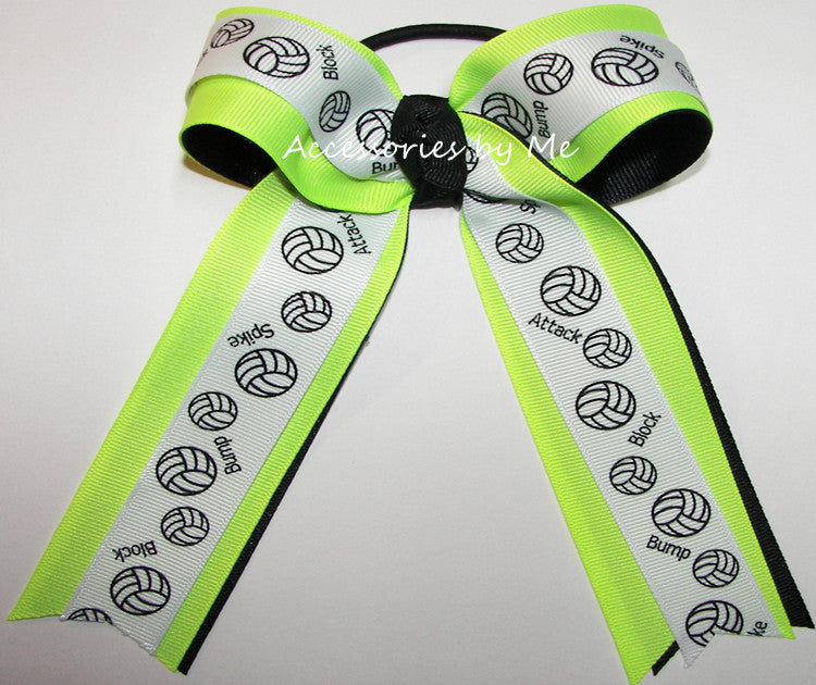 Volleyball Neon Lime Black Ponytail Holder Bow