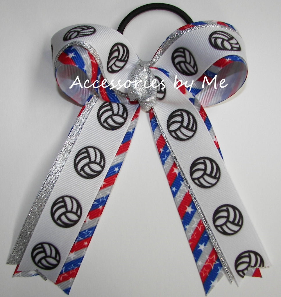 Volleyball Patriotic Silver Metallic Ponytail Bow