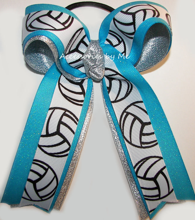 Volleyball Turquoise Glitter Silver Metallic Ponytail Bow