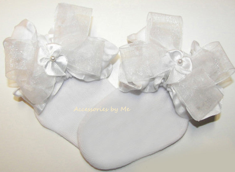 Frilly White Organza Ruffle Pearl Bow Socks - Accessories by Me