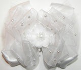 White Organza Tulle Satin Pearls Flower Hair Bow