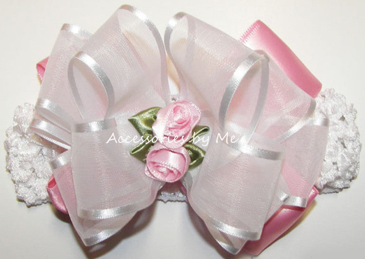 Fancy Pink White Organza Floral Bow Crochet Headband