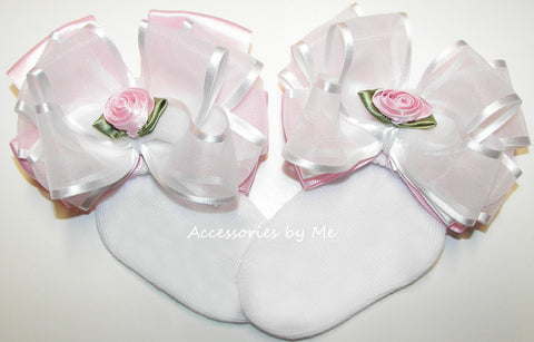 Pink White Organza Satin Floral Bow Socks