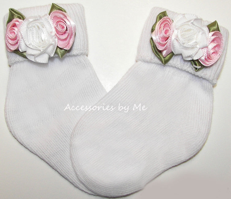 Pink White Rose Flower Socks 
