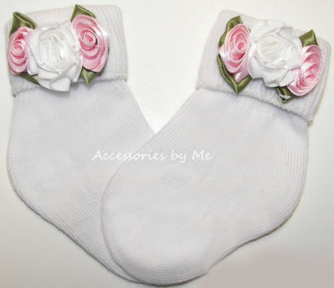 Light Pink White Rose Flower Socks