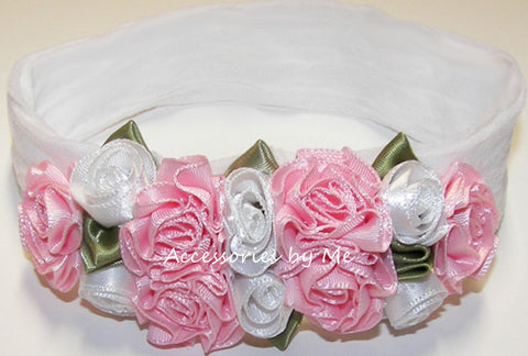 White Pink Roses Floral Nylon Headband