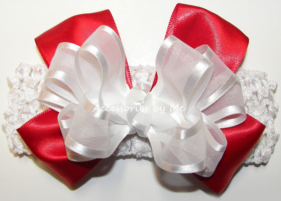 Frilly White Red Organza Satin Bow Headband - Accessories by Me