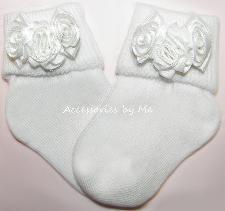 Baptism White Satin Rose Flower Socks - Accessories by Me