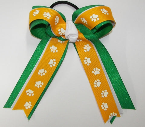 Sparkly Yellow Gold Paw Print Green Ponytail Bow