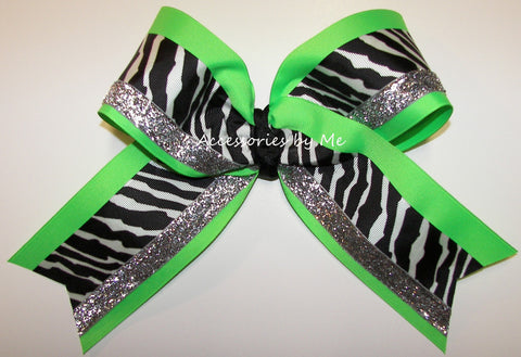 Zebra Neon Green Black Silver Big Cheer Bow