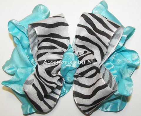 Zebra Turquoise Ruffle Hair Bow